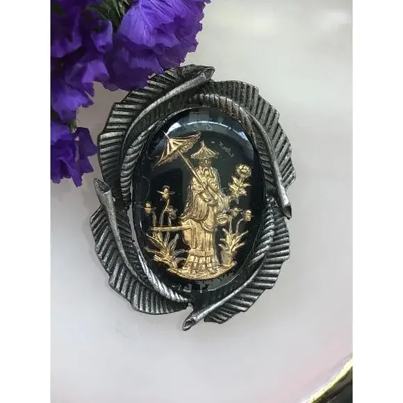 Vintage Gold Oriental Black Enamel Brooch Pin - Picture 3 of 7